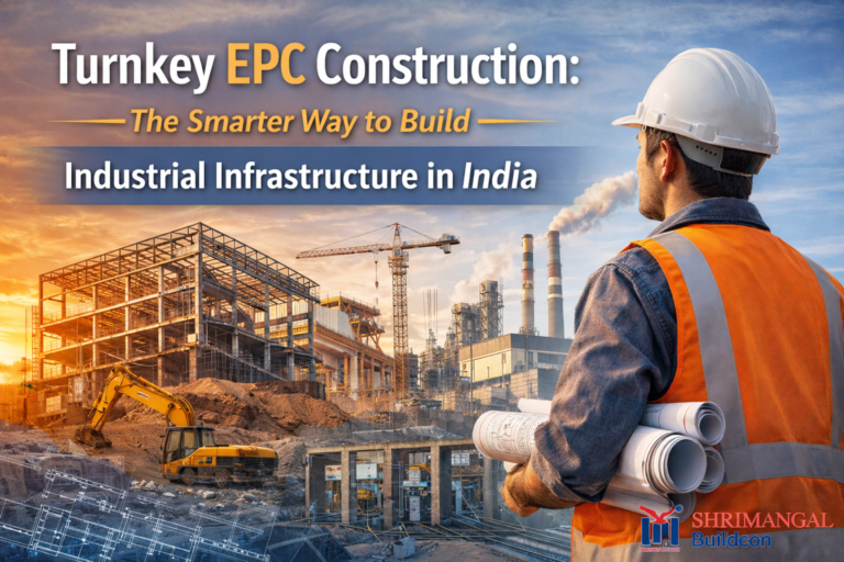 Turnkey EPC industrial construction site in India with engineer overseeing steel structure, machinery, and infrastructure development by Shrimangal Buildcon
