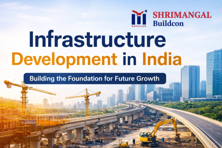 Infrastructure Development in India project by Shrimangal Buildcon showing highway construction, cranes and modern city infrastructure
