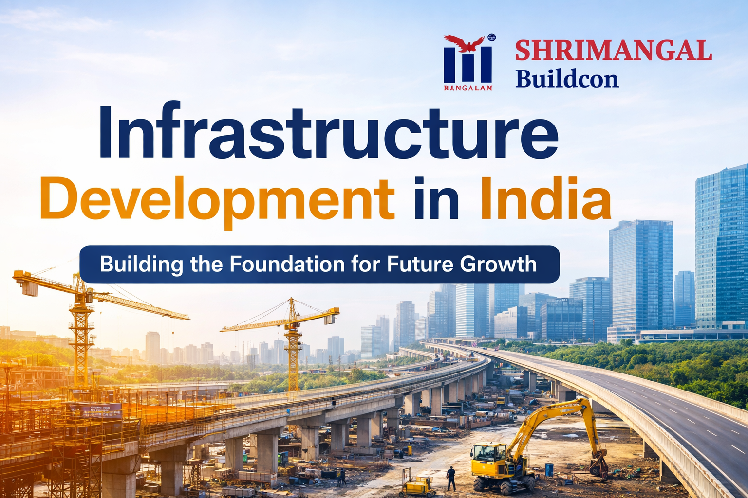 Infrastructure Development in India project by Shrimangal Buildcon showing highway construction, cranes and modern city infrastructure