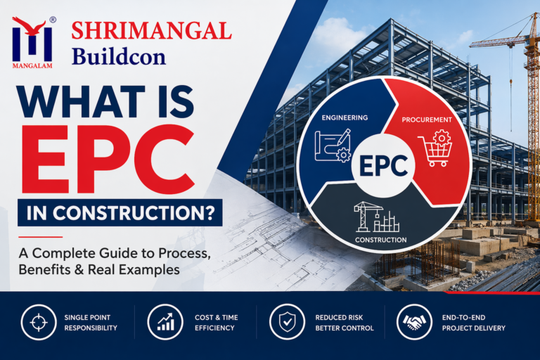 EPC in construction process showing engineering procurement and construction phases with industrial building structure
